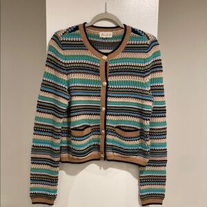 Marled long sleeve cotton and acrylic striped cardigan. Size M